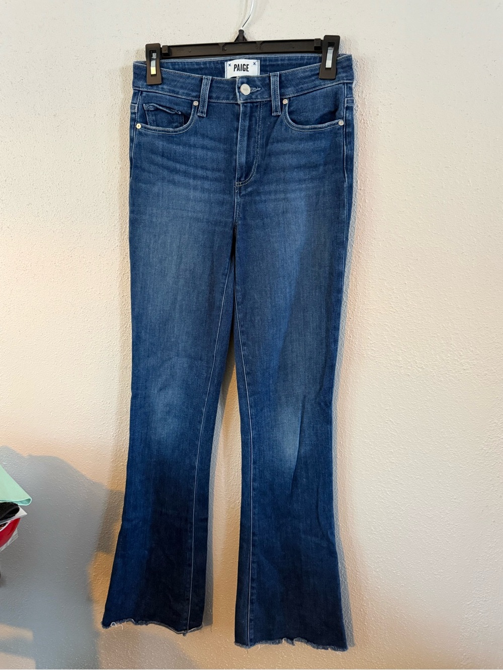 (25)PAIGE Dark Blue Flare Jeans with Subtle Whiskering